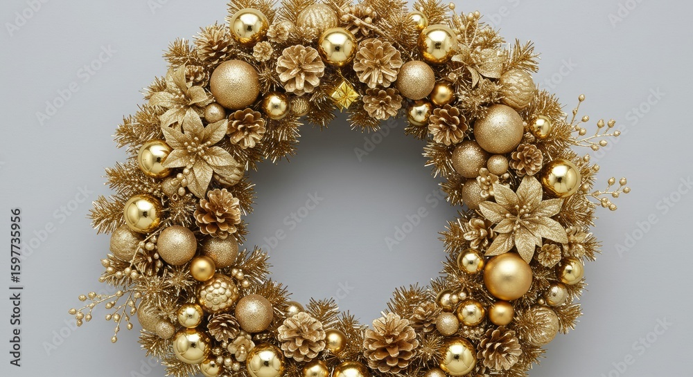 Golden Christmas wreath adorned with pine cones and shiny ornaments for holiday cheer Golden Christmas wreath adorned with pine cones and shiny ornaments for holiday cheer
