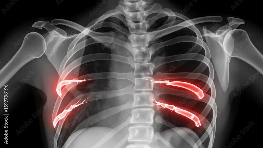 3D animation of a human rib cage X-ray showing highlighted areas of ...