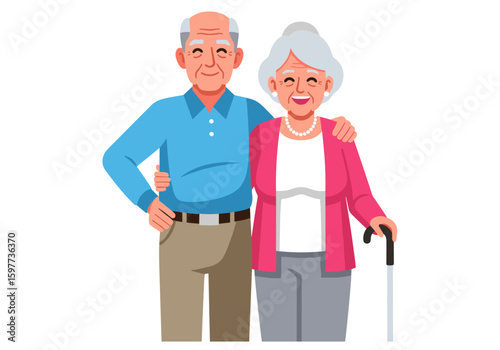 A happy elderly couple, a man and woman, standing together with arms around each other, smiling warmly.