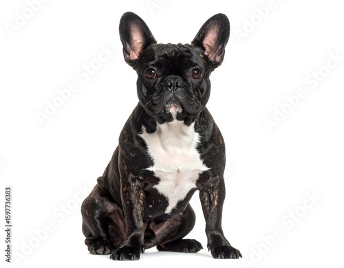 French Bulldog with tan coat and white chest sitting upright facing forward with ears perked on white isolated background in calm attentive posture