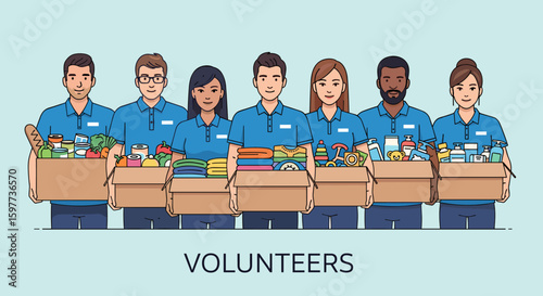 A diverse group of smiling volunteers holds cardboard boxes full of various food and clothing donations, ready to help those in need, showcasing teamwork and community spirit.