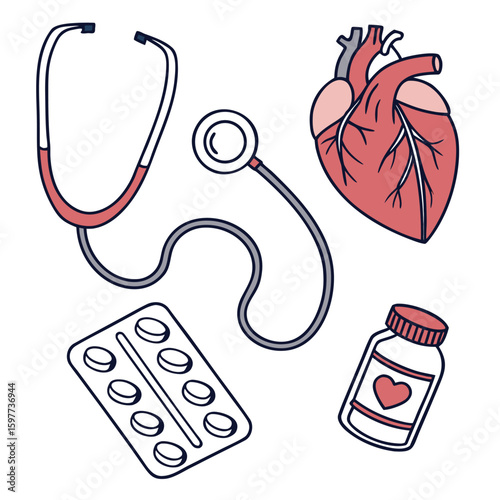 A cheerful cartoon illustration of a medical icon set featuring a heart and stethoscope, along with symbols for health, medicine, and dentistry