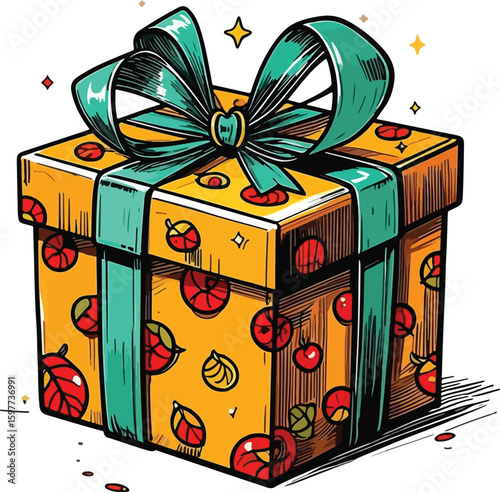 Yellow gift box with red fruit pattern and teal ribbon vector file download