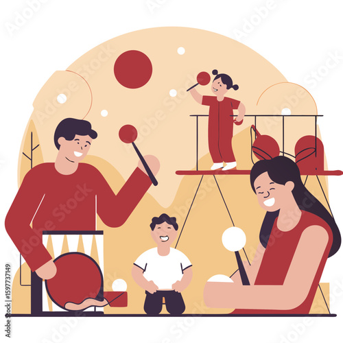 Family enjoying a playful day outdoors, with a child performing on a balance beam in the background