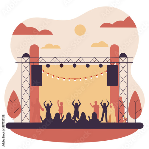 Colorful outdoor concert stage setup with decorative lights under a sunny sky