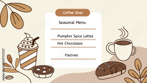 Illustration of a coffee shop seasonal menu with pumpkin spice lattes and hot chocolates displayed nicely