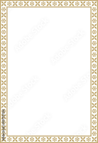Vector square golden Indian national ornament. Ethnic plant border. Flowers frame. Poppies and leaves.

