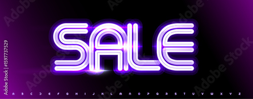Neon retro alphabet, triple-line glowing letters, vibrant electric font for sale banner, nightlife promo, casino UI, jackpot sign, Black Friday headline, luminous typographic design. Vector typeset