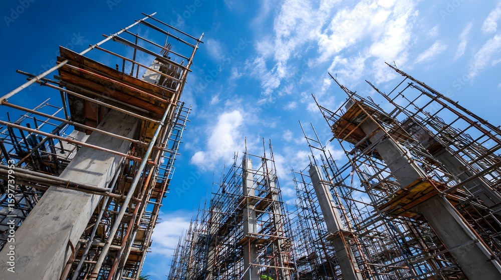 Construction site with steel scaffolding and concrete pillars under clear blue sky Construction site with steel scaffolding and concrete pillars under clear blue sky