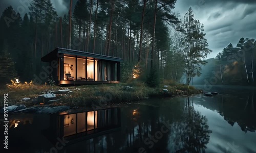 Modern Cabin by a Lake at Dusk Dark Forest Setting