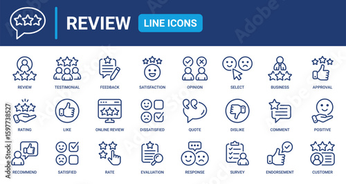 Review line icon set. Feedback, testimonial, ratings, comment, like, satisfaction, evaluation, survey, opinion and more. Outline vector icons collection.