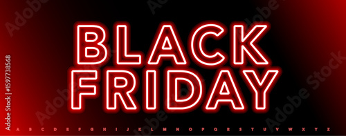 Red neon alphabet glowing outline electric font. Luminous glow typeface for Black Friday promo, discount banners, e-commerce ads, nightlife posters and modern marketing visual. Vector typeset