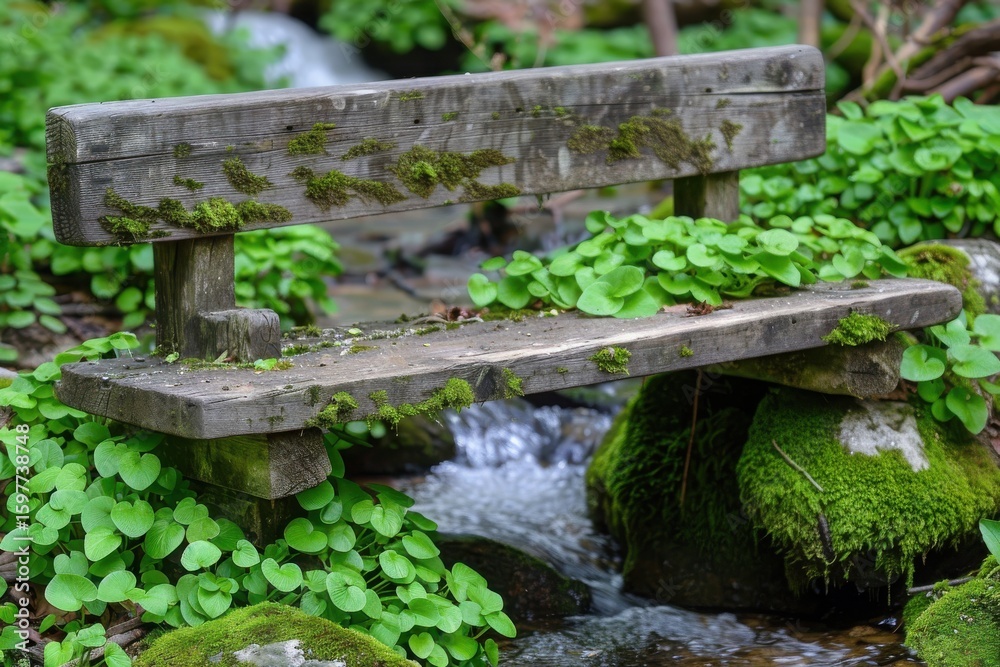 Rustic Wooden Bench Nestled by Stream with Spring Greenery Rustic Wooden Bench Nestled by Stream with Spring Greenery