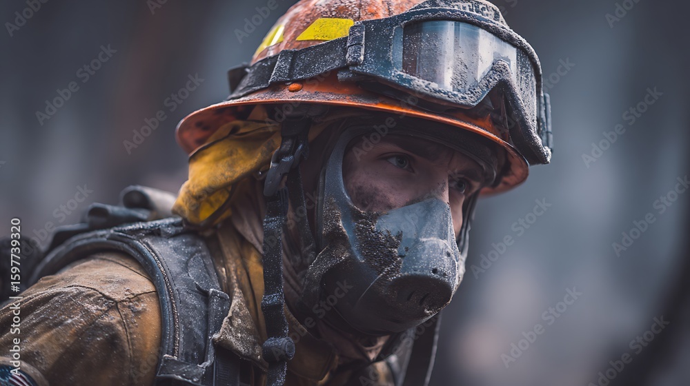 Fototapeta premium Firefighter in Safety Gear Looking Intently During Emergency