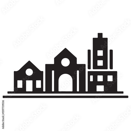 A black and white illustration of a cityscape with various buildings on a horizontal line