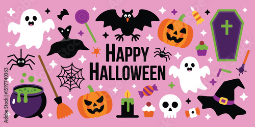 Halloween Illustration Set – Ghost, Bat, Pumpkin, Cauldron, Candy, Witch Hat, Spider – Flat Vector Graphics for Cards, Stickers, Party Invitations, and Posters   