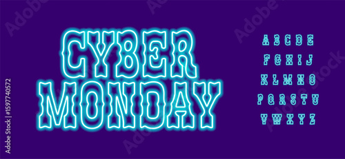 Blue neon alphabet, glowing vintage letters, bold outline font for Cyber Monday banner, tech sale sign, digital promo, discount title, Mexican headline, luminous typographic design. Vector typeset.