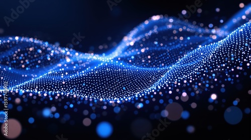 Dynamic Blue Particle Wave: Abstract Data Flow Visualization on Dark Background