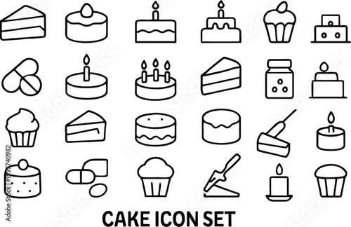Cake vector icon set featuring birthday cakes, wedding cakes, slices, candles, frosting, and dessert decorations. Perfect for parties, bakeries, menus, and celebration designs.

