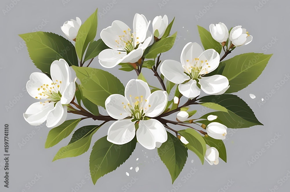 Fototapeta premium White Apple Blossoms And Green Leaves On A Gray Background