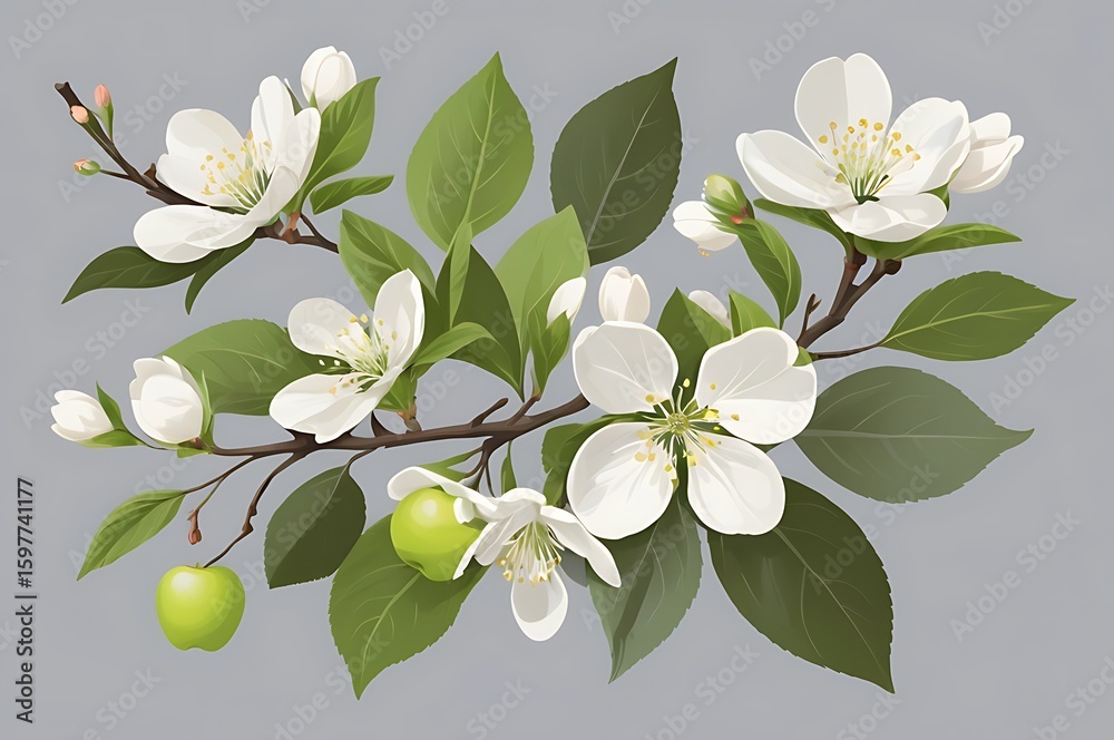 Obraz premium White Apple Blossoms And Green Leaves On A Gray Background