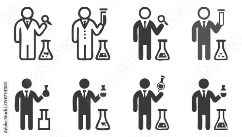 Diverse Icons of Scientists Conducting Research and Experimentation with Laboratory Equipment, Showing Different Outlines and Filled Styles