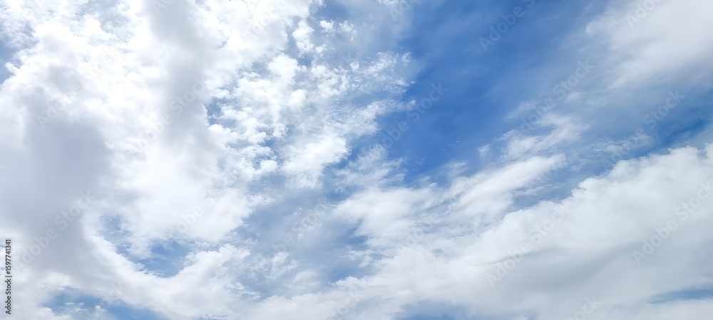 Fototapeta premium A clear, bright blue sky filled with scattered, fluffy white cumulus clouds on a sunny day.