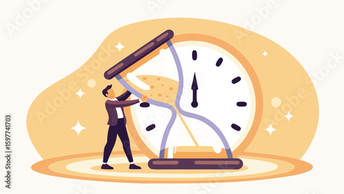 Illustration of a man turning an hourglass with a clock face in the background design concept style