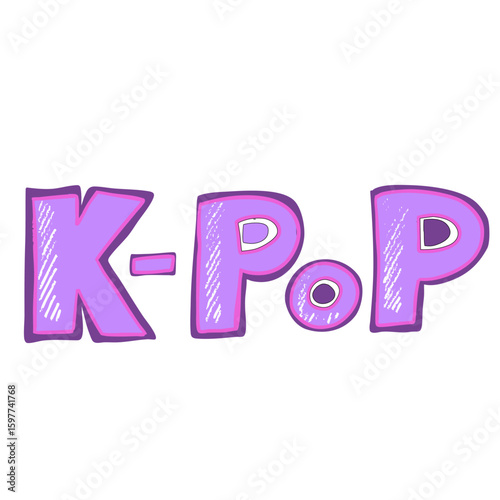 K-Pop artwork features bold, playful letters in bright colors, appealing to fans of Korean pop culture. Perfect for merchandise or event decorations celebrating music.