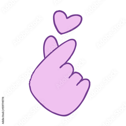 A purple hand with fingers forming a heart shape reflects warmth and love. This playful design captures a joyful expression of affection, perfect for social media sharing.