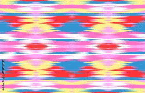 A vibrant abstract pattern inspired by modern Ikat textile design. Featuring vertical jagged stripes in bold shades of composition evokes movement, rhythm, and energy. For use in fashion print.