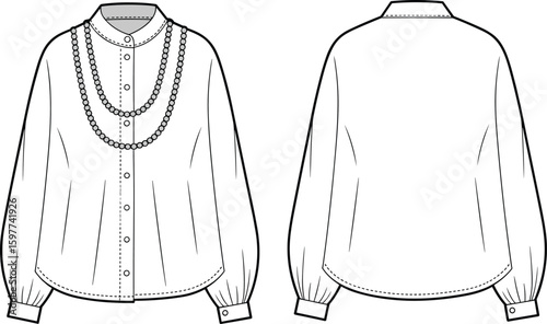 Elegant Women's Blouse with Pearl Necklace Detail and Balloon Sleeves - Fashion Apparel CAD Drawing Flat Vector Illustration for Design Resources, Technical Packs, and Patterns