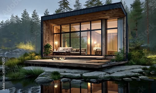 Modern Wood Cabin by a Tranquil Lake at Dusk