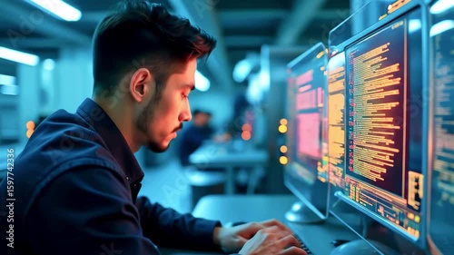 Young man coding on multiple monitors in an office setting with colleagues working in the background