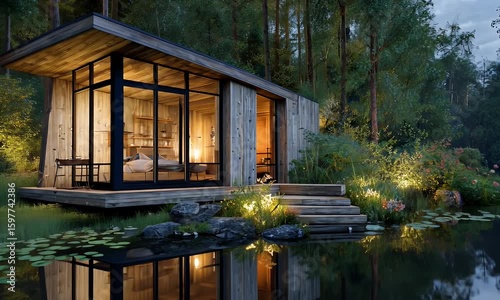 Modern Wood Cabin by a Tranquil Lake at Dusk