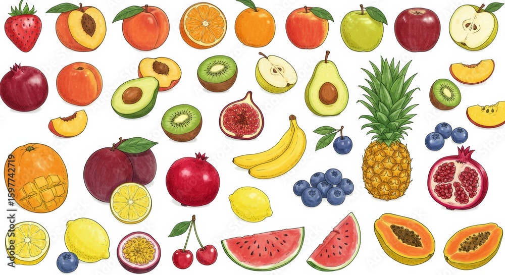 Collection of hand-drawn vibrant fruit illustrations. Collection of hand-drawn vibrant fruit illustrations.