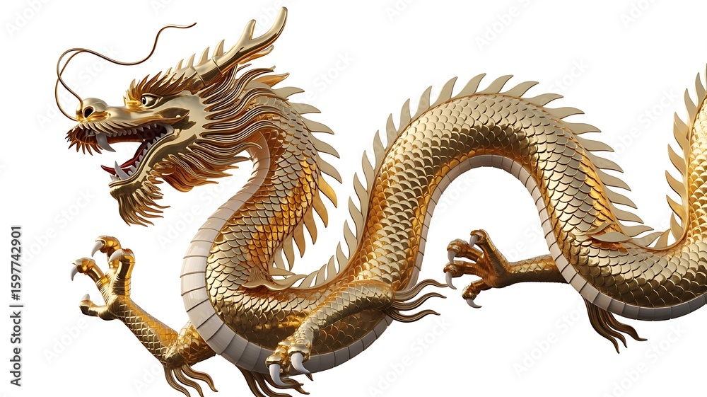 Obraz premium A majestic golden chinese dragon, isolated on white background, embodies power and ancient mythology