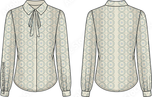 Vintage blouse pattern with bow collar, long sleeves, and a chic geometric circular print, perfect for fashion design and apparel stock. CAD drawing, flat vector illustration.