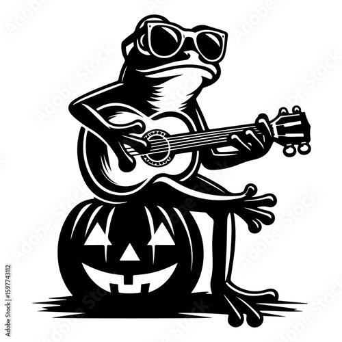 Halloween pumpkin on frog vector, frog laying the guitar. 