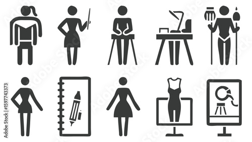 Fashion Industry Pictograms Diverse Representations of Design Creation and Presentation Icons Showcasing Various Stages of the Fashion Process