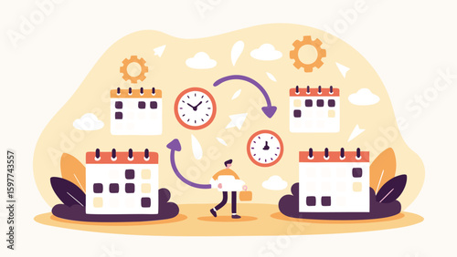 Illustration of a person walking between schedules with clocks and calendar icons around them