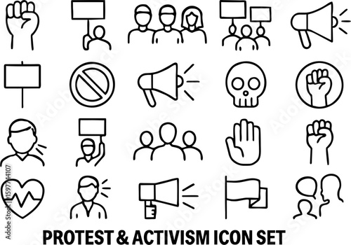Protest and activism vector icon set featuring megaphones, raised fists, banners, crowds, peace signs, and placards. Perfect for social justice, rallies, and awareness design.

