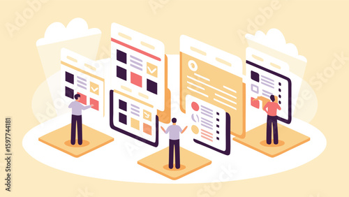 Isometric illustration of people interacting with digital interfaces and cloud elements