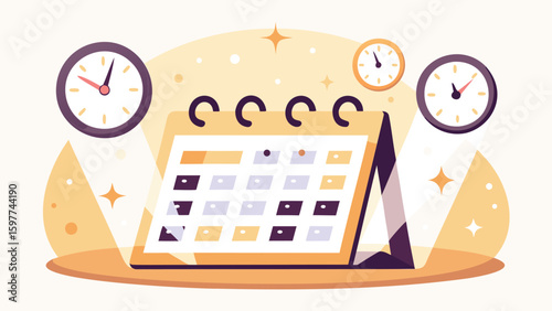 Illustration of a calendar with marked dates and times around it on a light background
