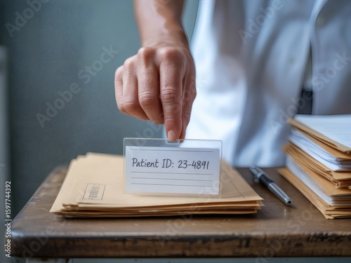 A hand holds a patient id card over medical files