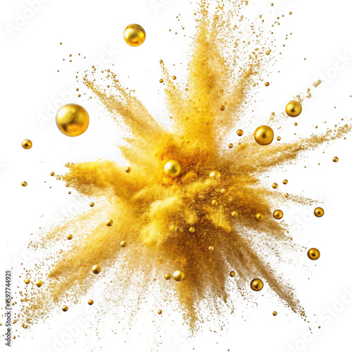 Explosion of golden glitter powder and spheres isolated on transparent background