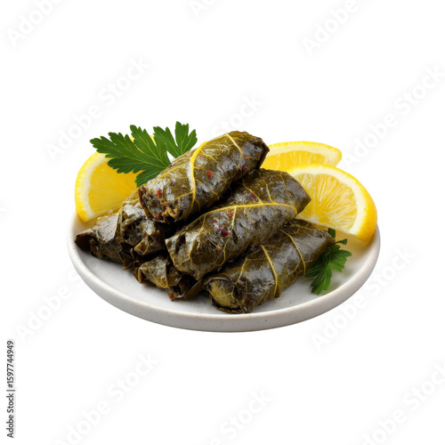 Delicious Stuffed Grape Leaves with Lemon Garnish on a Plate