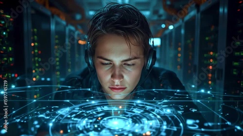 Young man focused on futuristic holographic interface in a server room, showcasing technology interaction
