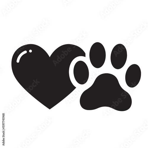 Black heart symbol beside paw print representing love and care for pets and animals