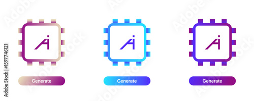 AI Chip Icon Set with Gradient Generate Buttons. Futuristic Tech UI – Editable Vector Illustration concept